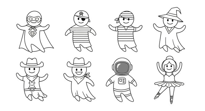 Charming cartoon characters in diverse costumes for coloring or creative projects