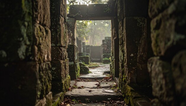 Otherworldly old ancient stone dark labyrinth. 