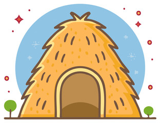 Naklejka premium Illustration of whimsical hut shelter or home, nature-inspired dwelling with blue sky backdrop, dots, and trees.