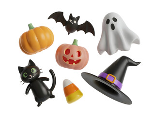 Playful 3D Halloween objects set including a spooky ghost, jack-o-lantern, black cat, and witch hat isolated on transparent background