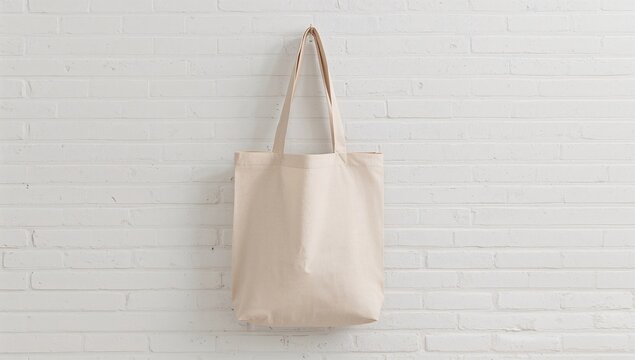 Blank reusable fabric tote suspended on a white brick backdrop, plastic-free and waste-free