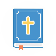 Fototapeta premium Flat design icon of the Holy Bible book, featuring a golden Christian cross on a blue cover.