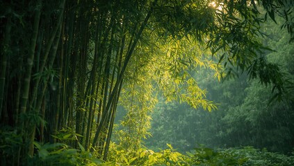 Bamboo glistening under a rainy sun shower