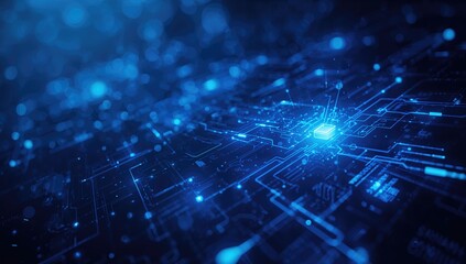 Blue data network connection with digital elements, representing high-speed data transfer and efficiency