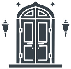 Elegant arched doorway with lanterns and sparkles, a magical Islamic architectural icon