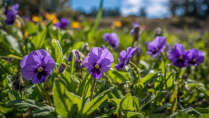 Vibrant purple pansy flowers blooming in a garden bed