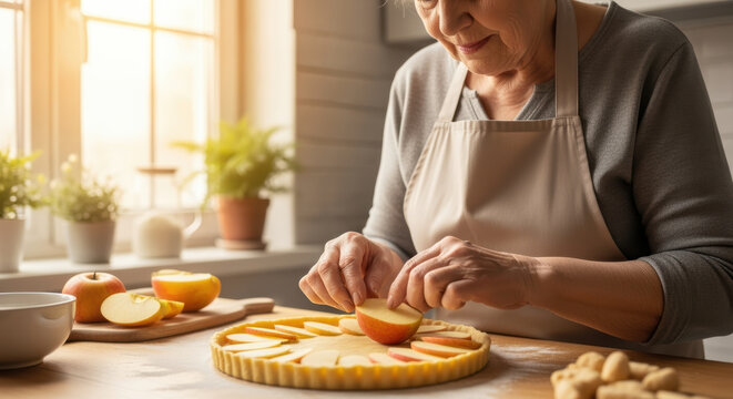 Elderly woman carefully arranging fresh apple slices on homemade tart crust in sunlit kitchen filled with houseplants and warmth - Powered by Adobe