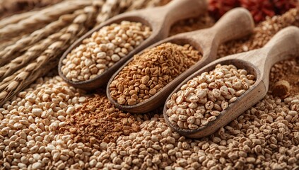 Obraz premium Assortment of grains in wooden scoops, macro shot, nutrition, cooking, wheat, rice, health, natural, organic, ingredients, seasoning