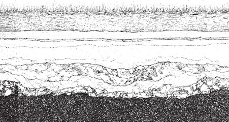 Naklejka na ściany i meble Black and white cross section illustration of soil layers with grass and water vector Naklejka na ściany i meble Black and white cross section illustration of soil layers with grass and water vector