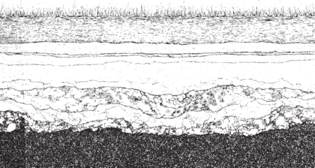 Fototapete Wohnzimmer Black and white cross section illustration of soil layers with grass and water vector  © Towhidul