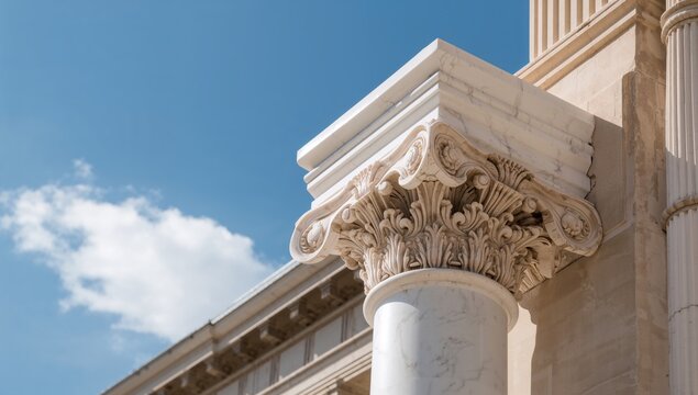 Fototapeta Architectural detail of a marble Ionic column capital against a blue sky