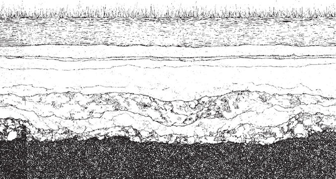 Black and white cross section illustration of soil layers with grass and water vector