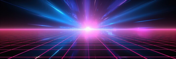 A vibrant, futuristic depiction of light beams radiating from a central point over a grid surface, evoking a sense of motion and energy.