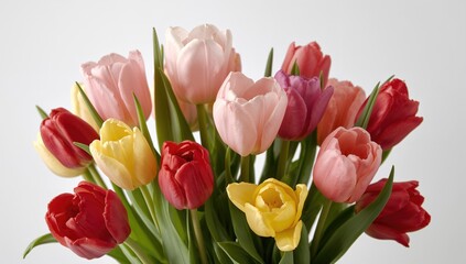 Fototapeta premium Single tulip bloom on a plain white backdrop. Collection of vibrant, fresh blossoms. Springtime ornamentation