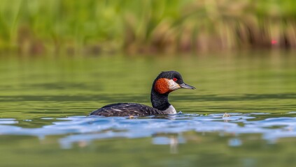 Black-Necked Grebe swimming in water, observing its surroundings, seasonal change