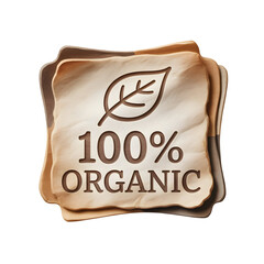 Rustic 100 percent organic label with embossed leaf icon on textured brown parchment isolated on transparent background