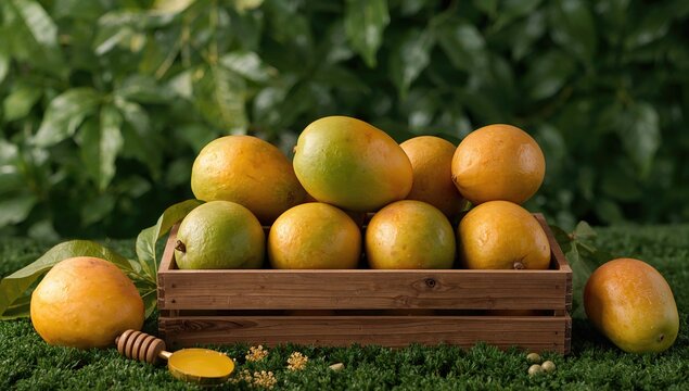 Golden mango packed in a container against a natural backdrop, isolated fruit with green hues, agriculture and sweet nectar