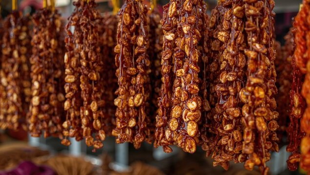 Colorful display of nut and grape juice churchkhela drying traditionally