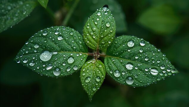 A kinnow plant showcasing several leaves covered in sparkling dew drops, highlighting a vivid and fresh natural view.