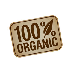 Rustic brown 100 percent organic food label or stamp with leaf symbol suitable for packaging design isolated on transparent background