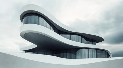 Modern architecture, white building with flowing curves and large windows against a cloudy sky.