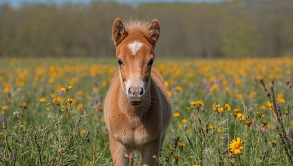Adorable young chestnut foal with a golden coat, standing attentively in a grassy field, close-up view