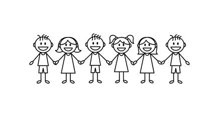 Stick figure children holding hands in a cheerful row symbolizing unity and friendship