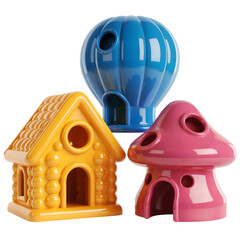 Set of three colorful glossy 3D plastic pet habitats including a mushroom, house, and balloon design isolated on transparent background