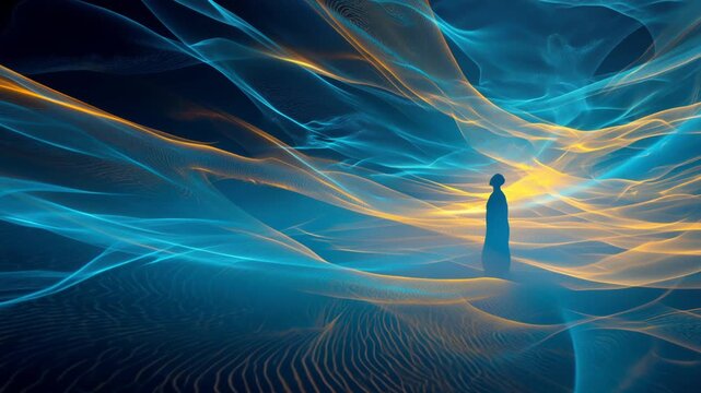 Futuristic human figure finds healing energy and peace in ambient soundscapes at 432 Hz in a glowing blue and gold space