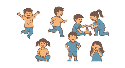 Cartoon children engaging in playful activities on a white background showcase happiness