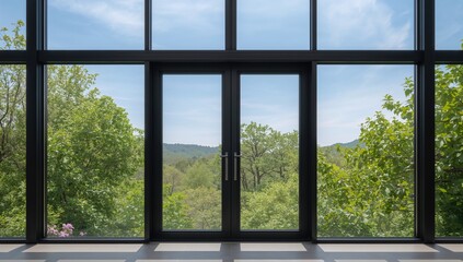 Fototapeta premium Black aluminum swing doors with large windows offering a view of nature