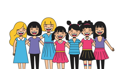 Illustrative depiction of diverse group of girls bonding happily together in unity and friendship