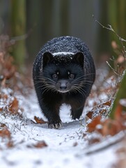 Dark, snow-dusted animal strides toward viewer in wintry forest setting