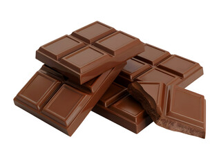 Stack of rich brown milk chocolate bars with a broken piece revealing the cocoa texture isolated on transparent background.
