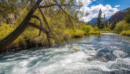 Deschutes River flowing swiftly alongside a tree, highlighting erosion risk