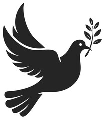 Obraz premium Black silhouette icon of a flying dove of peace holding an olive branch
