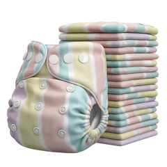 Stack of folded reusable cloth diapers and one open diaper featuring pastel rainbow stripes and snap closures isolated on transparent background.