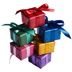 Stack of six colorful wrapped gift boxes tied with vibrant satin bows, ideal for holidays, celebrations, and promotions, isolated on transparent background