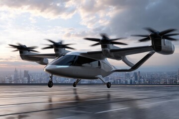 Futuristic aircraft hovering for vertical takeoff