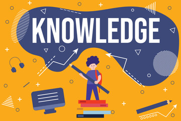 Modern flat vector illustration about knowledge and education.Creative learning concept with student,books,and technology on colorful background.