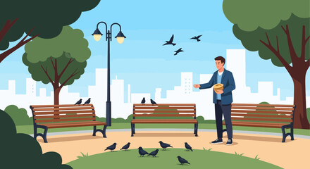 Man feeding flock of birds in a city park with bench and trees against urban skyline, concept for outdoor activity, environmental awareness and avian protection