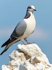 Obraz premium Elegant white and gray pigeon perched on light rock against a blue sky