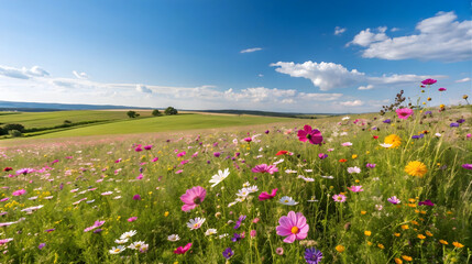 Fototapeta premium Colorful wildflower field under bright blue sky in summer, scenic countryside landscape, ideal for backgrounds, seasonal designs, nature travel and wellness concepts