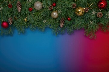 Fototapeta premium Overhead shot of pine branches with cones and festive ornaments on a vibrant blue and red backdrop