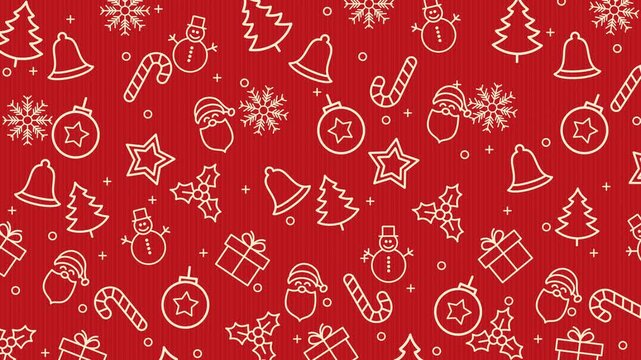 Minimal red seamless looping background with elegant white outline icons of christmas elements