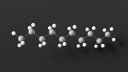 decane molecule 3d, molecular structure, ball and stick model, structural chemical formula organic solvent