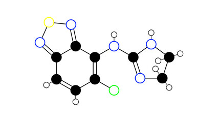 tizanidine molecule, structural chemical formula, ball-and-stick model, isolated image skeletal muscle relaxant
