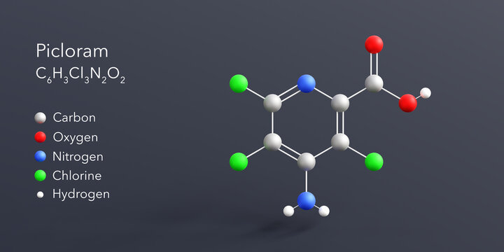 picloram molecule 3d rendering, flat molecular structure with chemical formula and atoms color coding