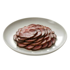 Thinly sliced roast beef arranged neatly on a white ceramic plate, ready for serving, isolated on transparent background