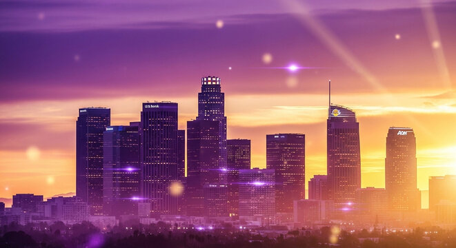 Los Angeles city skyline glowing in Lakers colors, purple and gold sunset, artistic light reflection, sports celebration atmosphere, modern photo manipulation